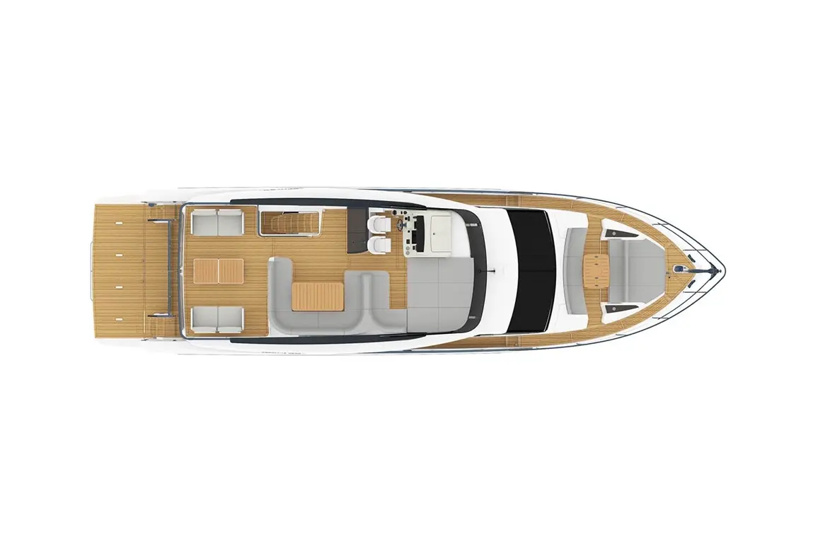 Top view of a luxury yacht featuring seating areas, a small table, and a helm with controls, set on wooden decking.